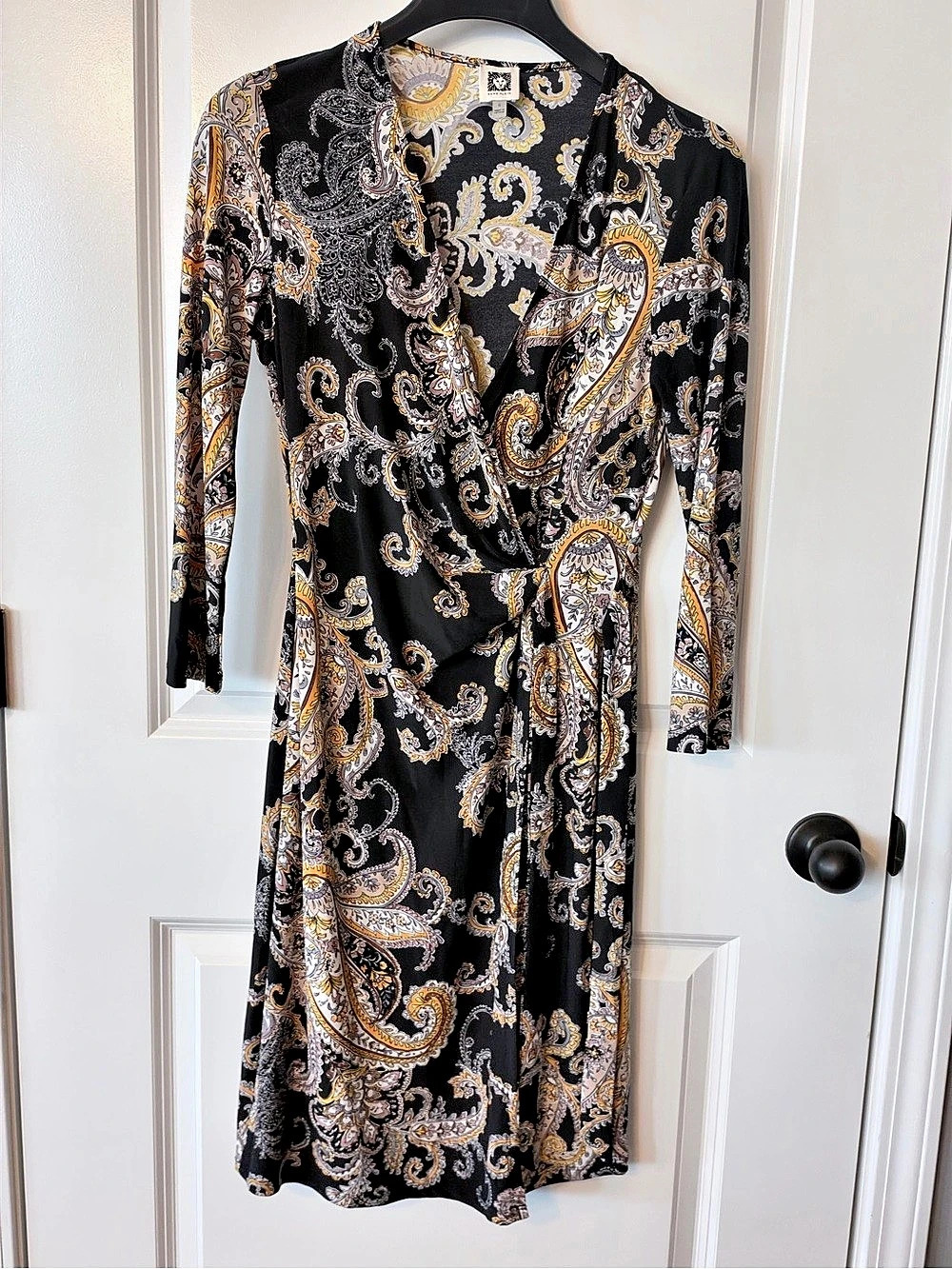 Anne Klein Paisley Faux Wrap Dress Black & Gold Size 6